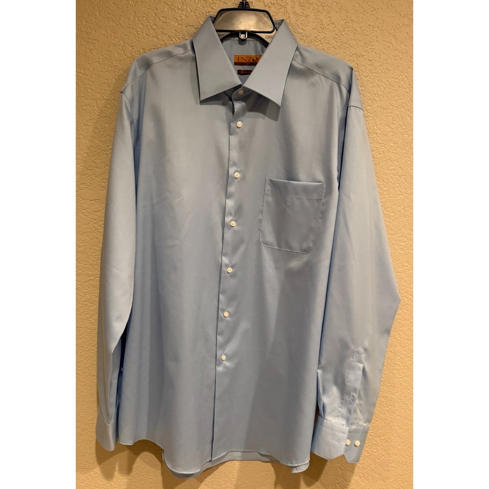 Enzo Blue Dress Shirt 17.5 Mens 36/37 Modern Fit 100% Cotton Wrinkle Free ITALY